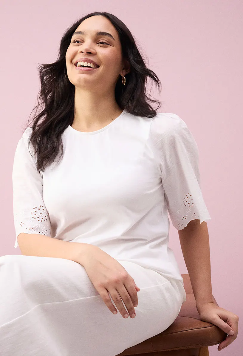 Blouse blanche élégante à broderie anglaise avec manches courtes.
