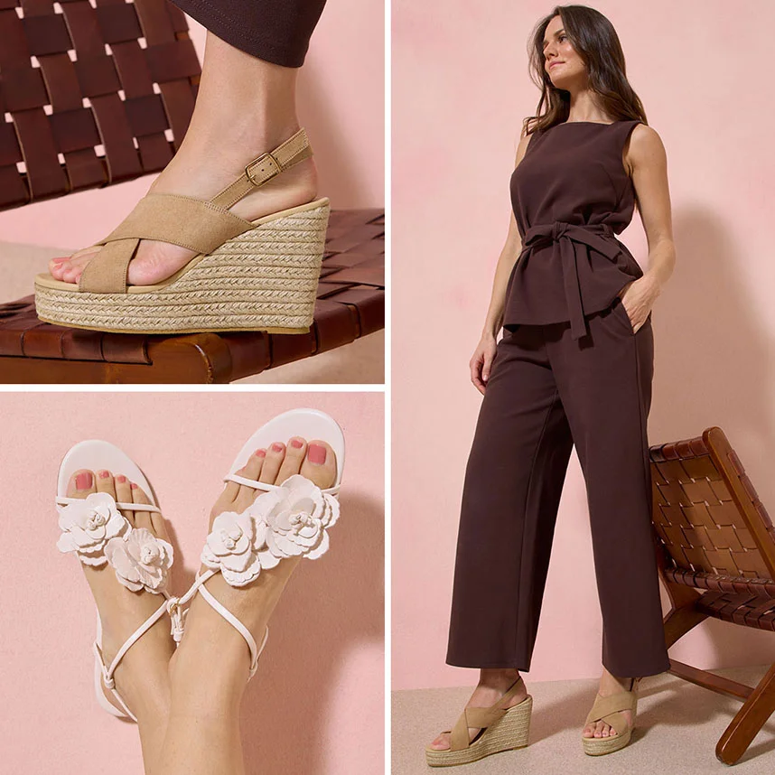 Tenue de couleur marron avec sandales compensées assorties.