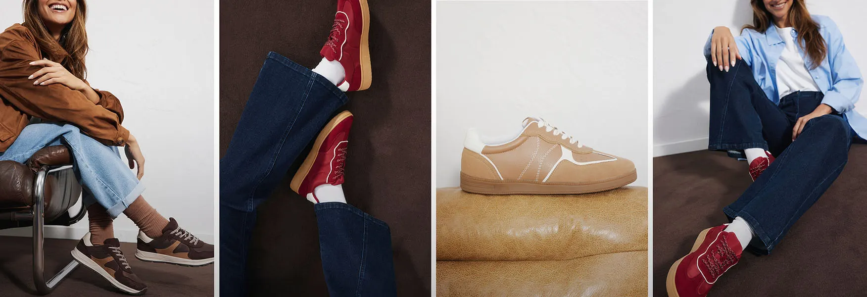 Sneakers stylées en marron, rouge et beige associées à un jean et un haut décontracté.