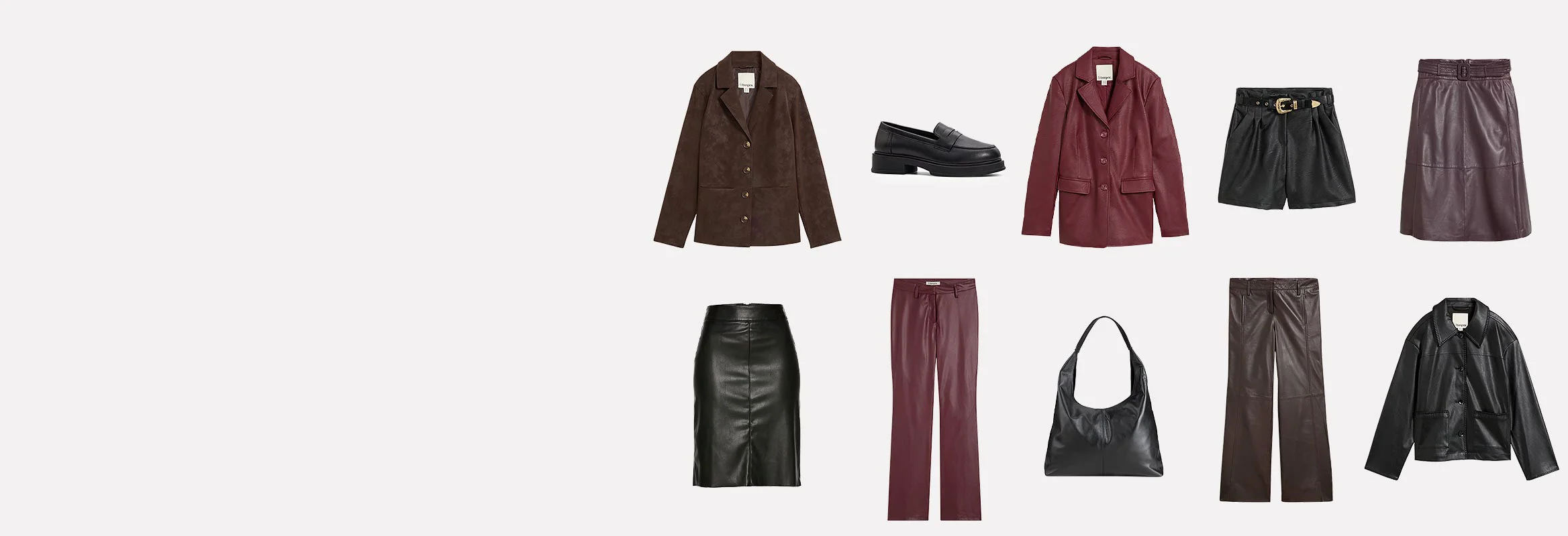 Vestes, pantalons, short et jupe en cuir marron, noir, rouge foncé avec mocassins et sac.