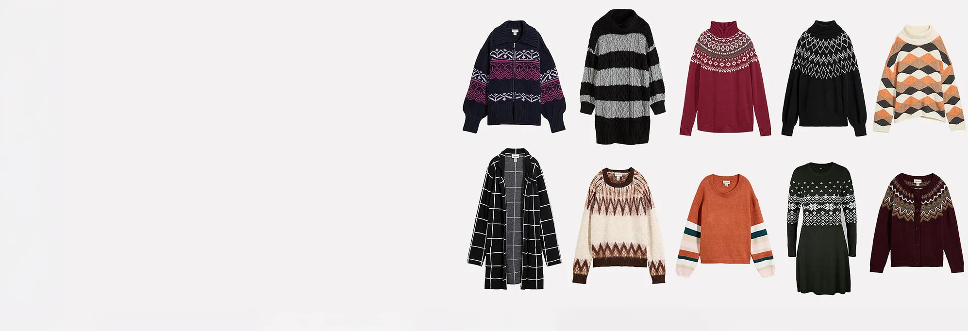 Pulls, gilets et robes en maille à motifs dans des couleurs chaudes d'automne.