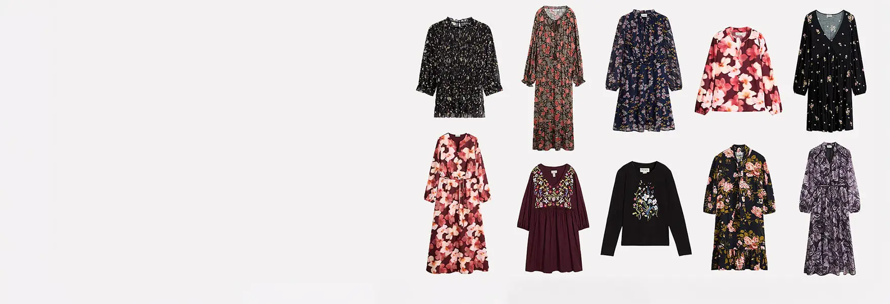 Un assortiment de robes et tuniques aux motifs floraux dans différentes couleurs et coupes.