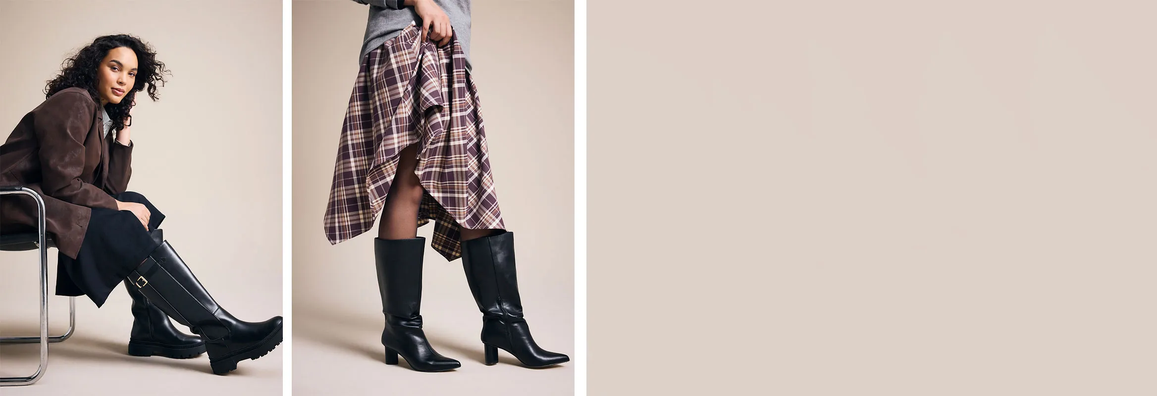 Blazer marron, jupe noire et bottes noires à hauteur de genou.