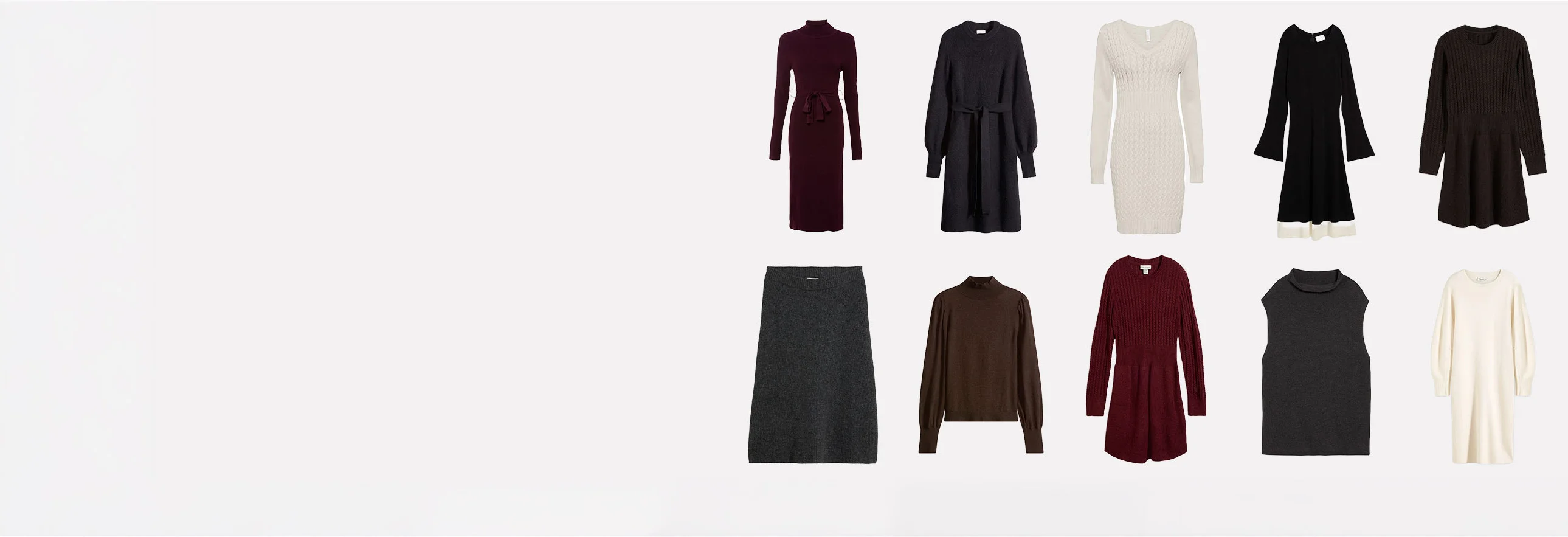 Divers vêtements en maille : robes, jupes et pulls dans des teintes chaudes et automnales.